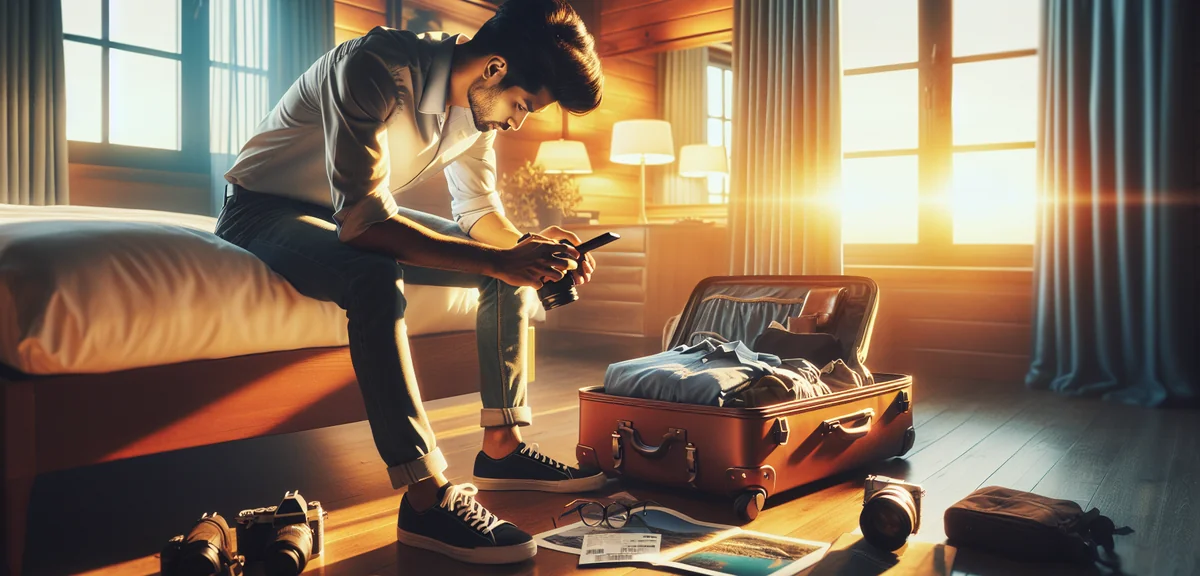 Person checking travel discount codes on smartphone while packing suitcase, professional lifestyle p