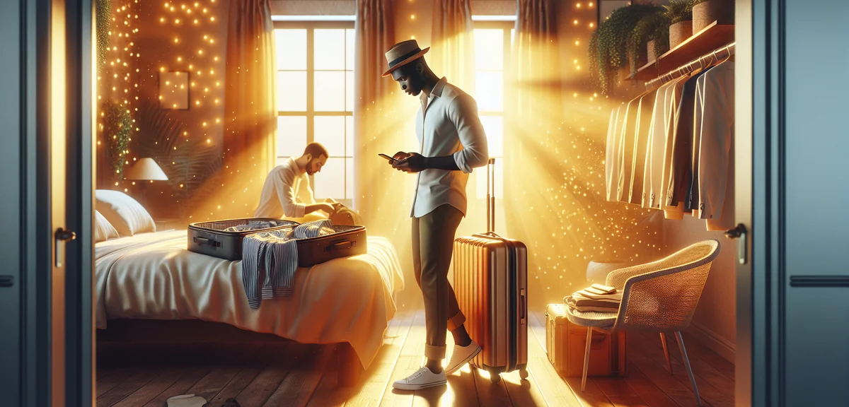 Person checking travel discount codes on smartphone while packing suitcase, professional lifestyle p