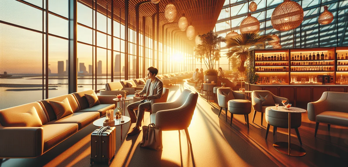 Luxury airport lounge with traveler relaxing using credit card benefits, professional commercial pho