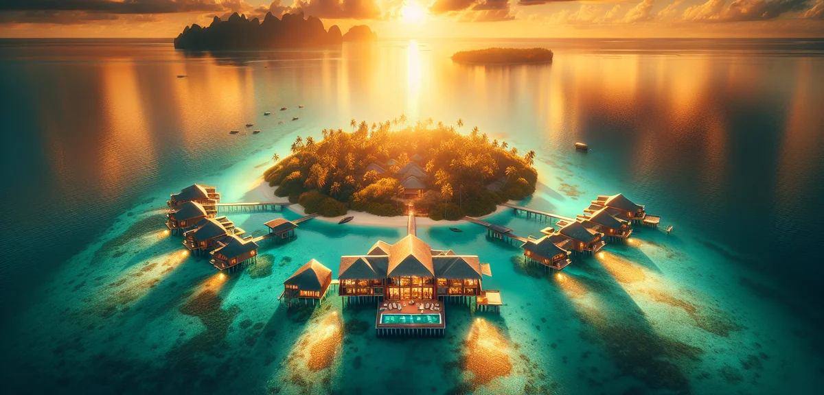 Stunning overwater villa in Maldives with turquoise water, aerial view, cinematic travel photography