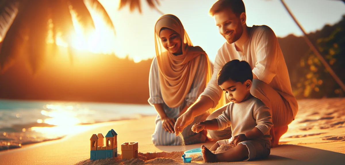 Toddler playing with sand toys on tropical beach while parents watch, professional family photograph