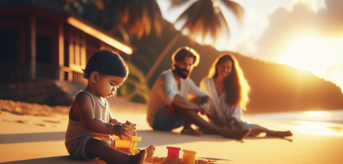 Toddler playing with sand toys on tropical beach while parents watch, professional family photograph