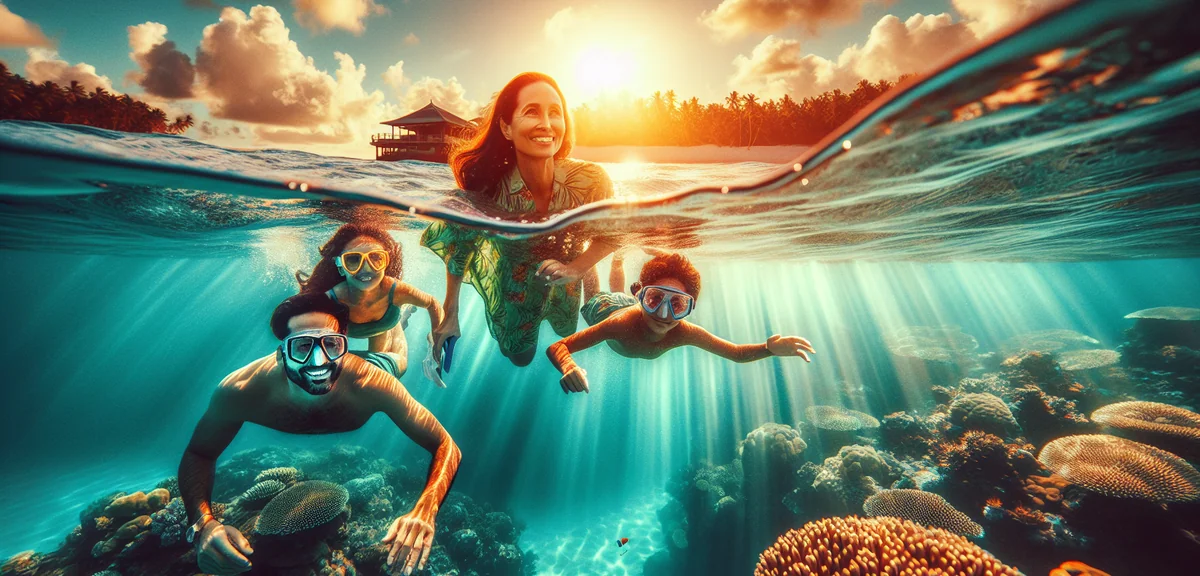 Family snorkeling together in clear tropical water with colorful coral reef, professional underwater