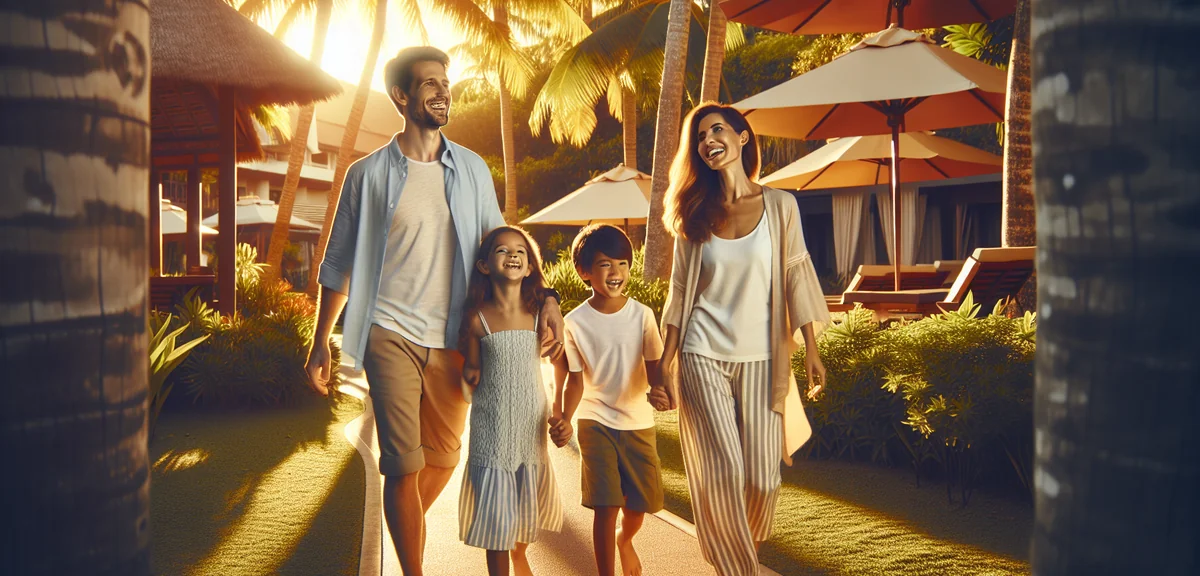 Happy family of four walking through tropical resort garden, professional family photography, warm g