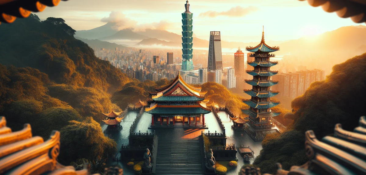 Beautiful Taipei cityscape with Taipei 101 tower and traditional temple in foreground, professional 