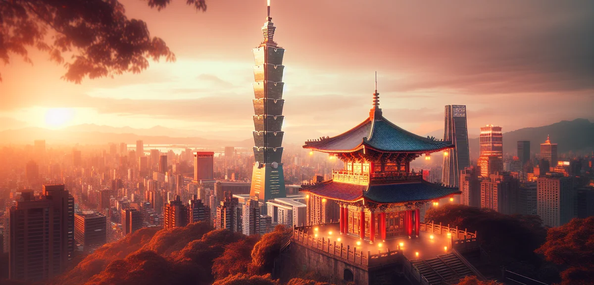 Beautiful Taipei cityscape with Taipei 101 tower and traditional temple in foreground, professional 