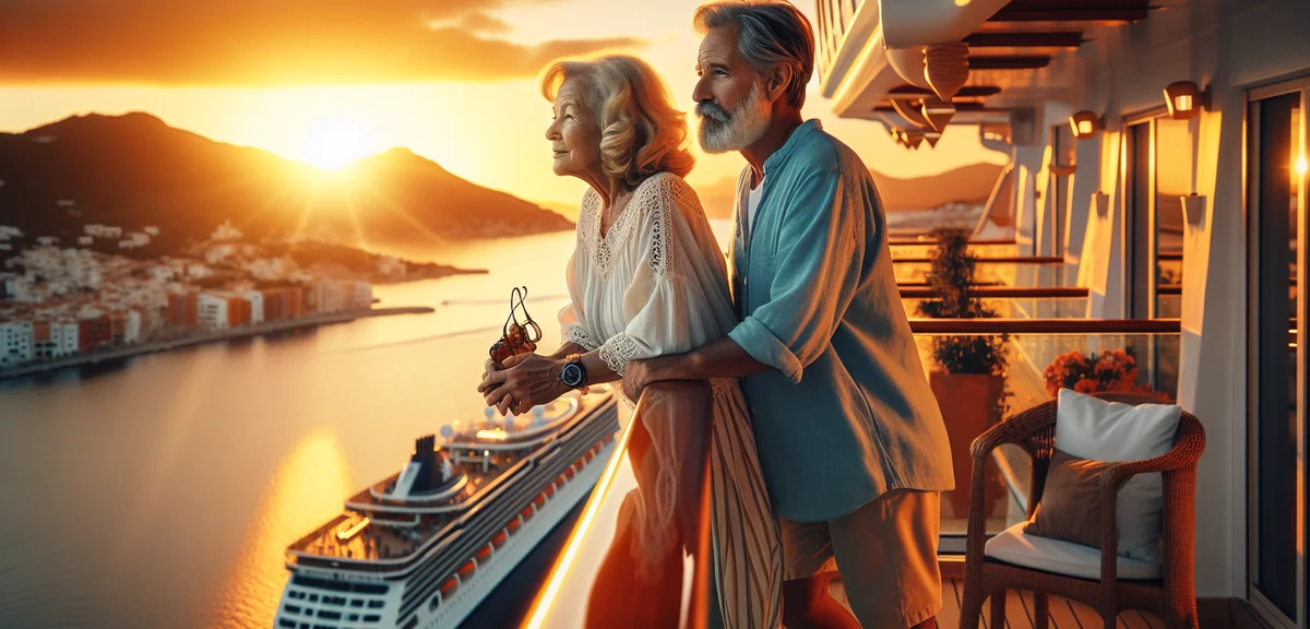 Senior couple looking at beautiful sunset from Mediterranean cruise ship balcony, cinematic travel p
