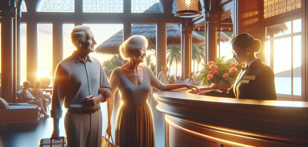 Elegant senior couple checking in at luxury hotel reception, professional lifestyle photography, war