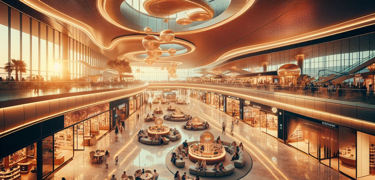Elegant duty free luxury shopping area at international airport, professional commercial photography