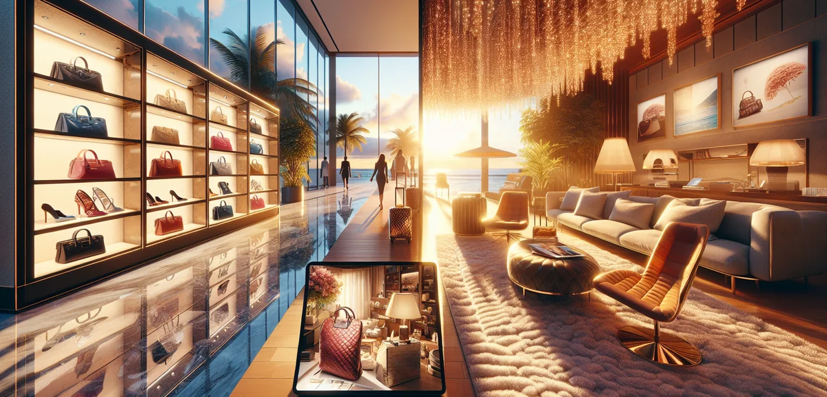 Luxury designer handbag comparison between retail store and online shopping, split screen concept, p