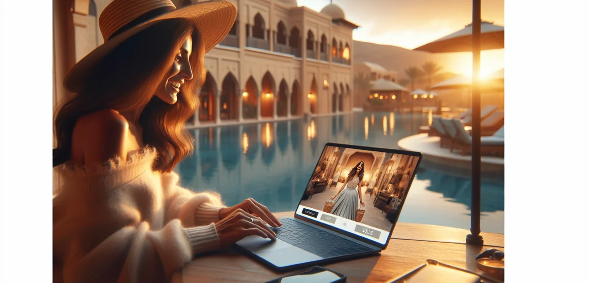 Person excitedly checking laptop screen showing luxury fashion sale, cozy home setting, professional