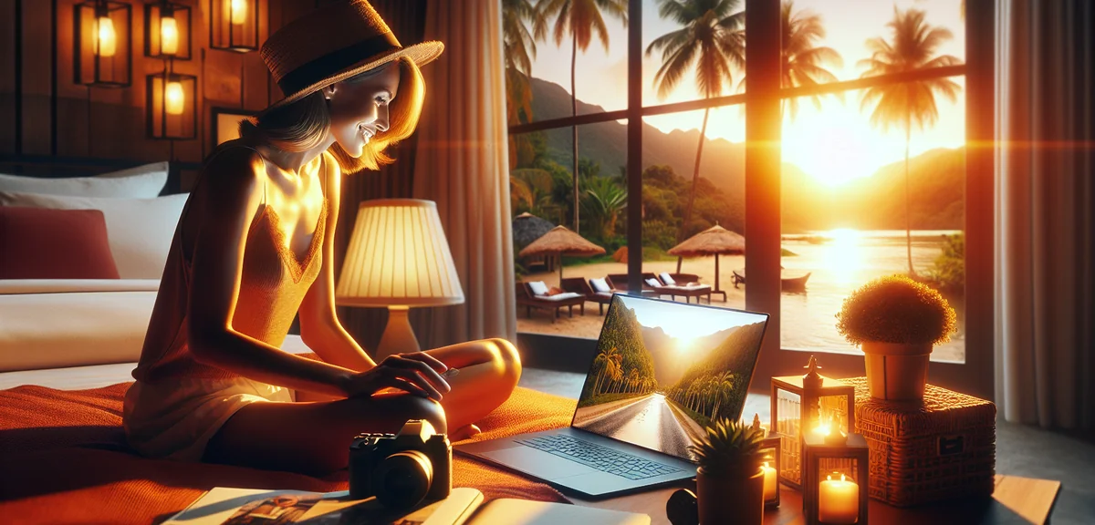 Person excitedly checking laptop screen showing luxury fashion sale, cozy home setting, professional