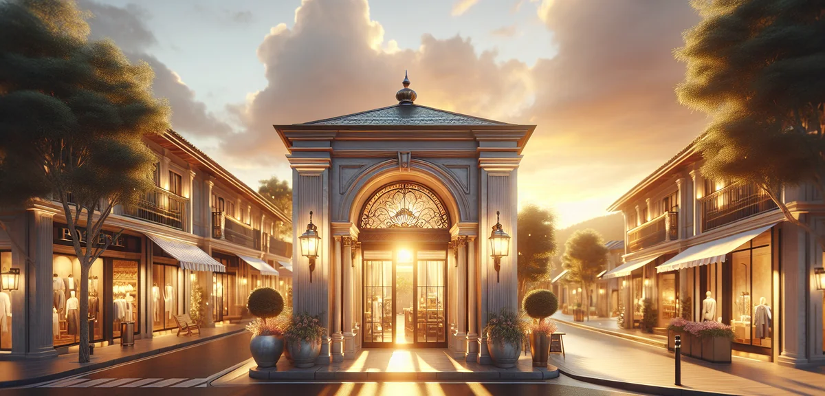 Luxury outlet store entrance with Balenciaga storefront, elegant shopping village, professional arch