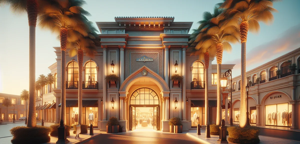 Luxury outlet store entrance with Balenciaga storefront, elegant shopping village, professional arch