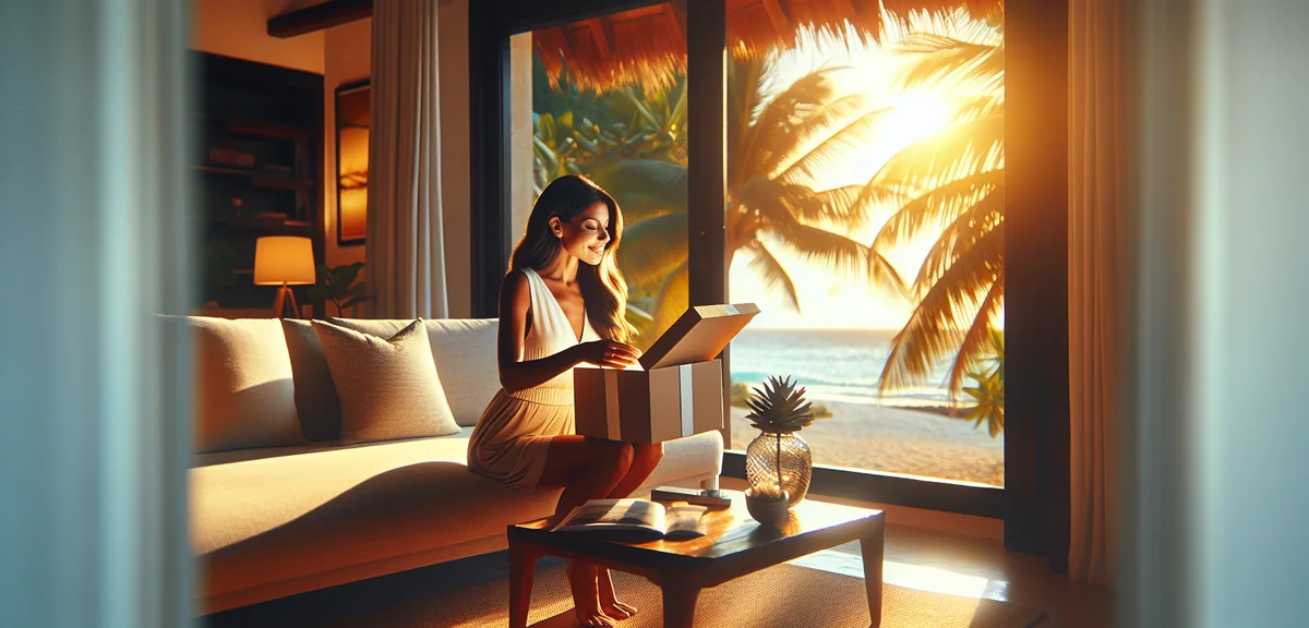 Elegant woman opening luxury brand package at home with excited expression, professional lifestyle p