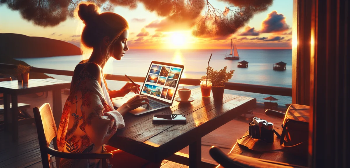 Travel blogger writing article on laptop with travel photos displayed on screen, cozy cafe setting, 