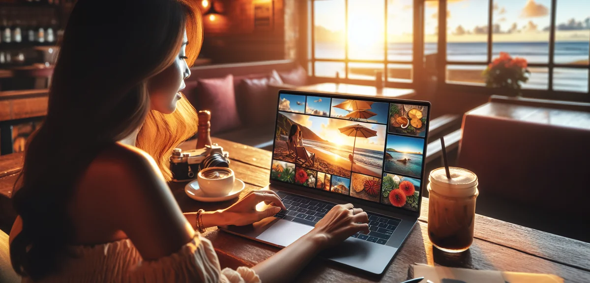 Travel blogger writing article on laptop with travel photos displayed on screen, cozy cafe setting, 