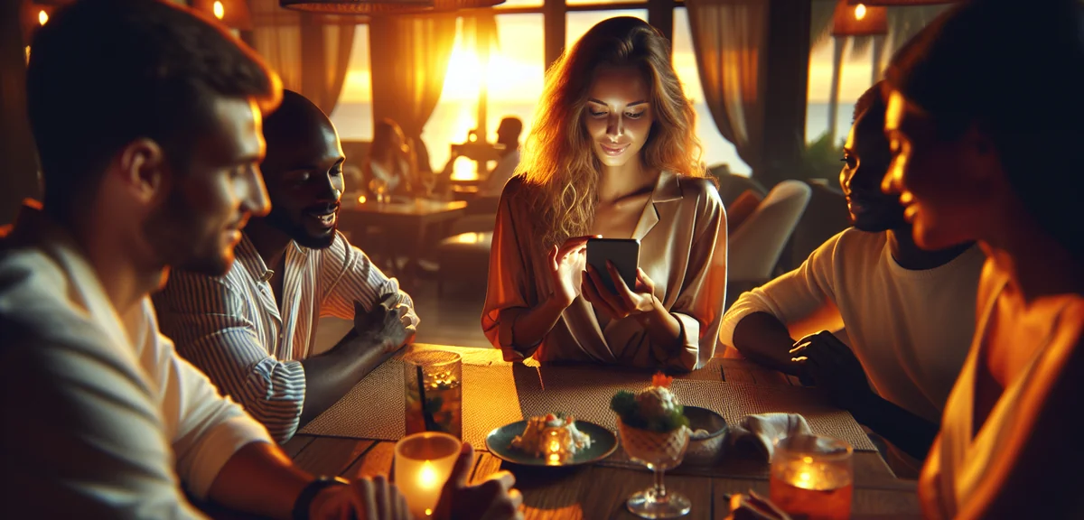 Person showing travel deal on phone to interested friends at casual gathering, professional lifestyl