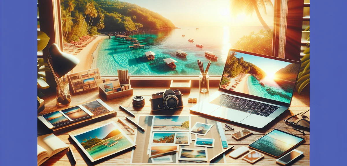Multiple income streams concept with travel photos, laptop, and smartphone on desk, professional fla