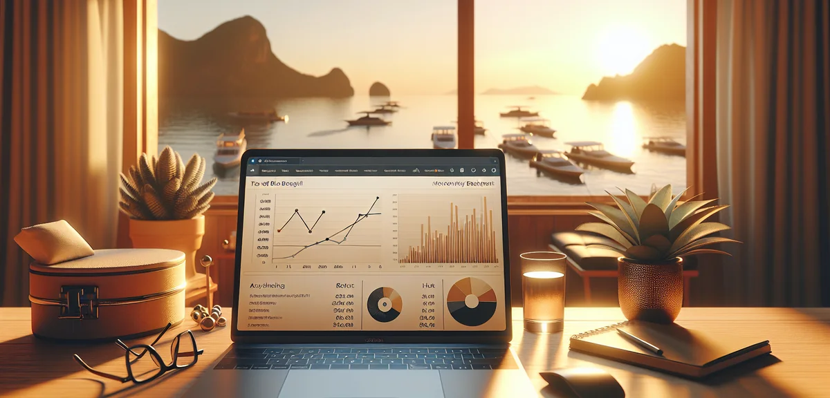 Laptop screen showing travel blog analytics and revenue dashboard, professional product photography,