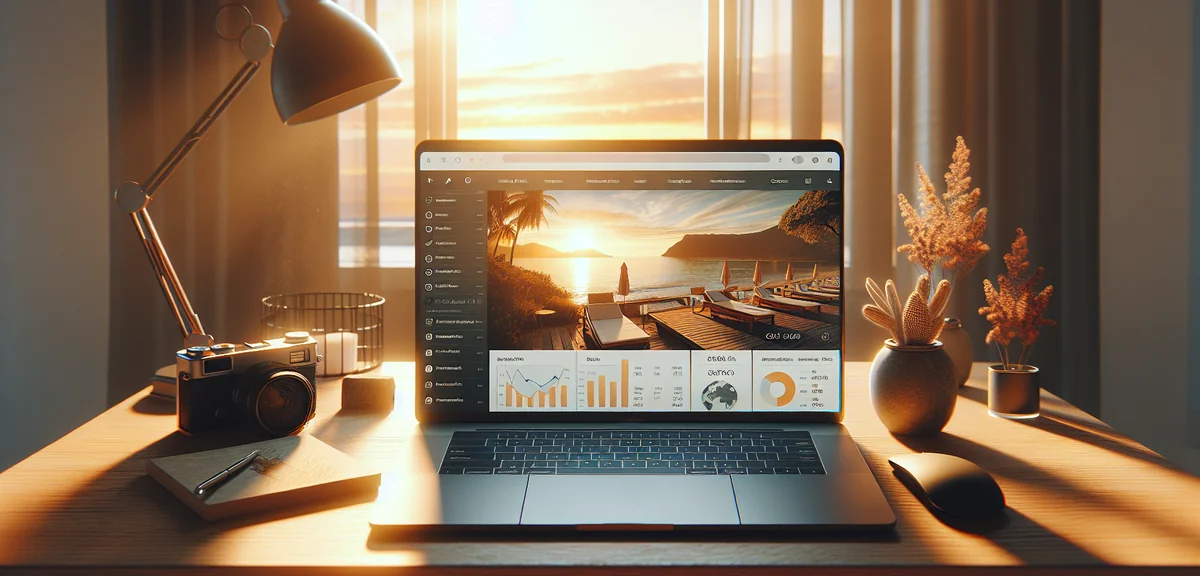 Laptop screen showing travel blog analytics and revenue dashboard, professional product photography,