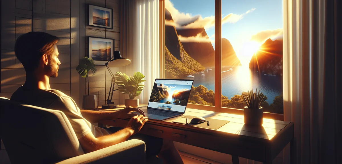 Person setting up affiliate marketing account on laptop with travel website open, professional lifes