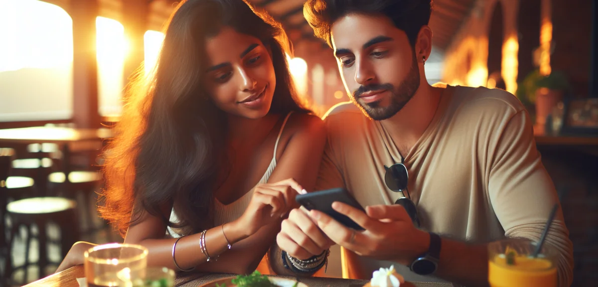 Two friends looking at travel deals on phone together at casual lunch, natural friendly atmosphere, 