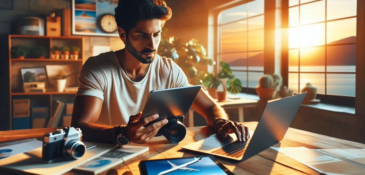 Professional person multitasking between work laptop and travel planning tablet, split focus photogr