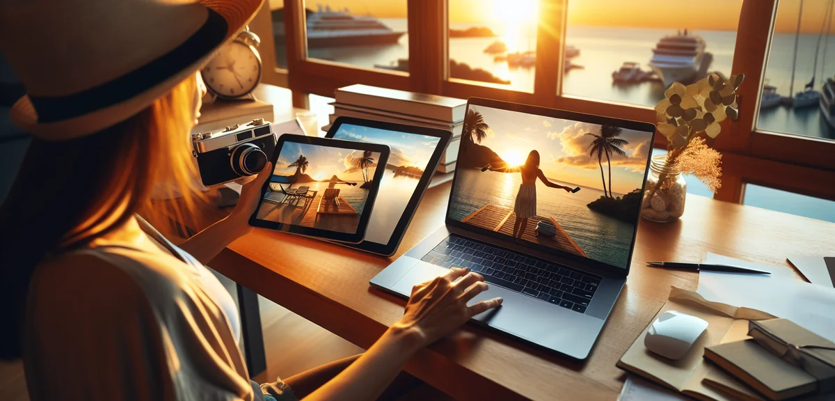 Professional person multitasking between work laptop and travel planning tablet, split focus photogr