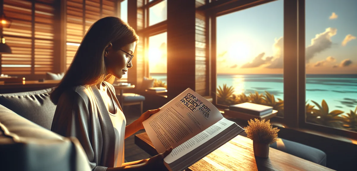 Person reading company policy handbook about side business regulations, professional photography, of