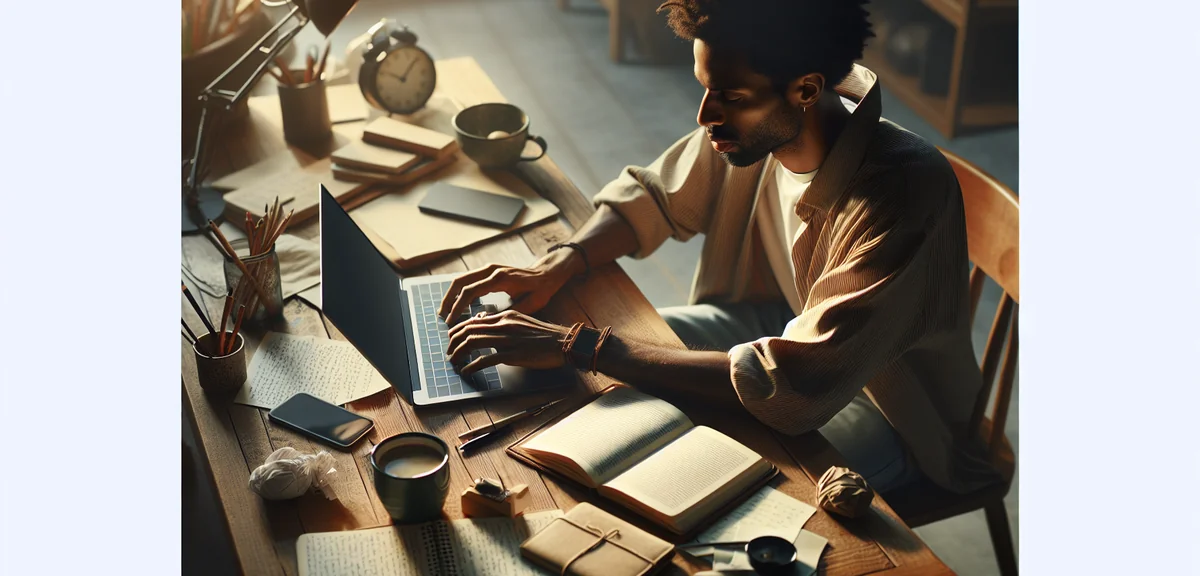 Freelance writer typing travel article on laptop at home desk with coffee and notes, professional li