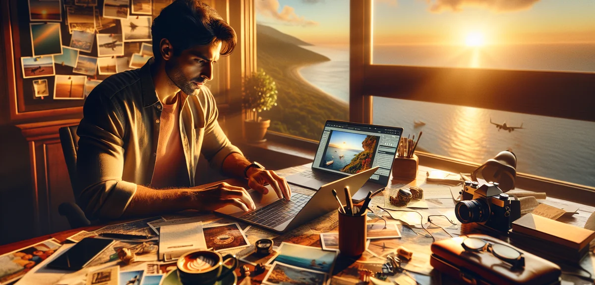 Freelance writer typing travel article on laptop at home desk with coffee and notes, professional li