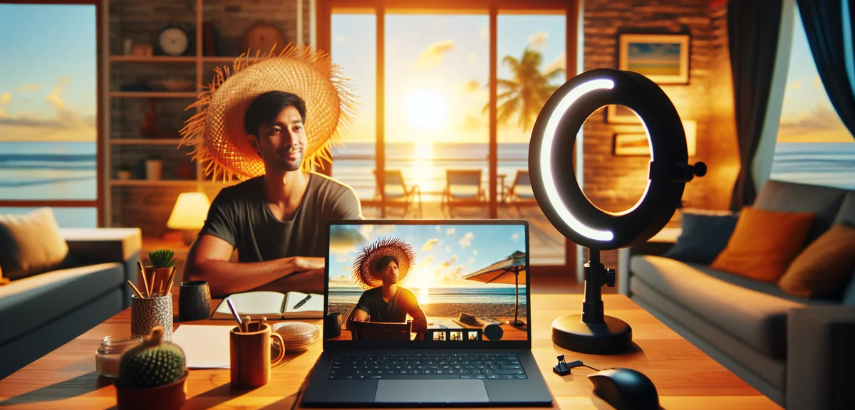 Person hosting online travel seminar from home office with webcam and ring light, professional lifes