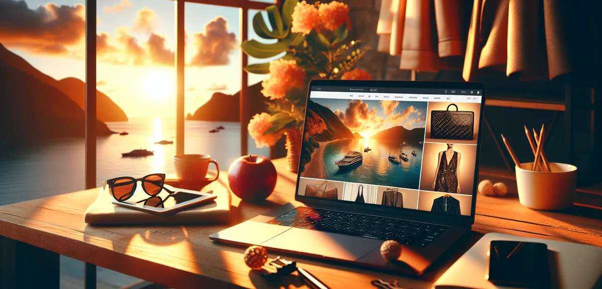 Luxury fashion website showing Dolce Gabbana sale items on laptop screen, professional product photo