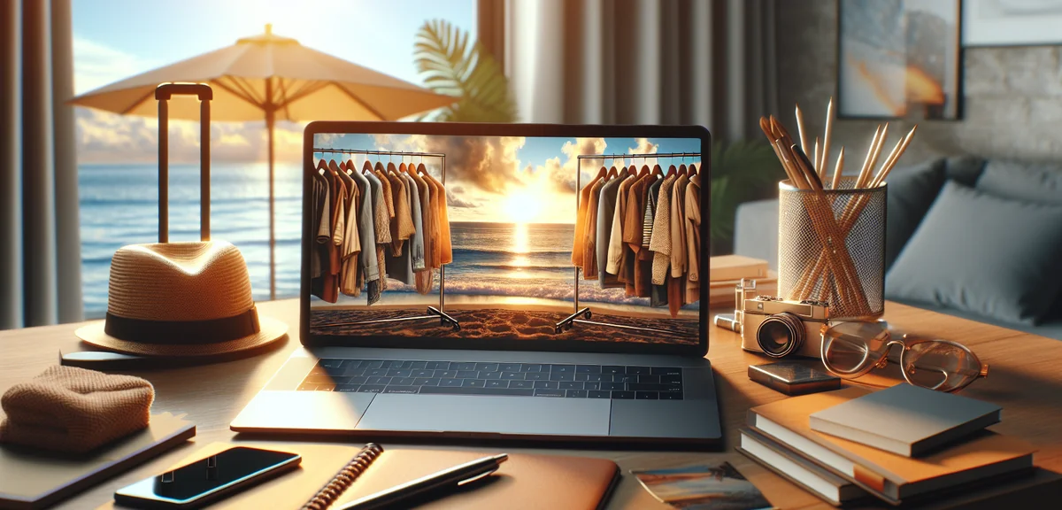 Luxury fashion website showing Dolce Gabbana sale items on laptop screen, professional product photo