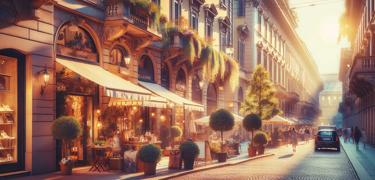 Beautiful Italian shopping street with luxury boutiques in Milan, professional travel photography, w