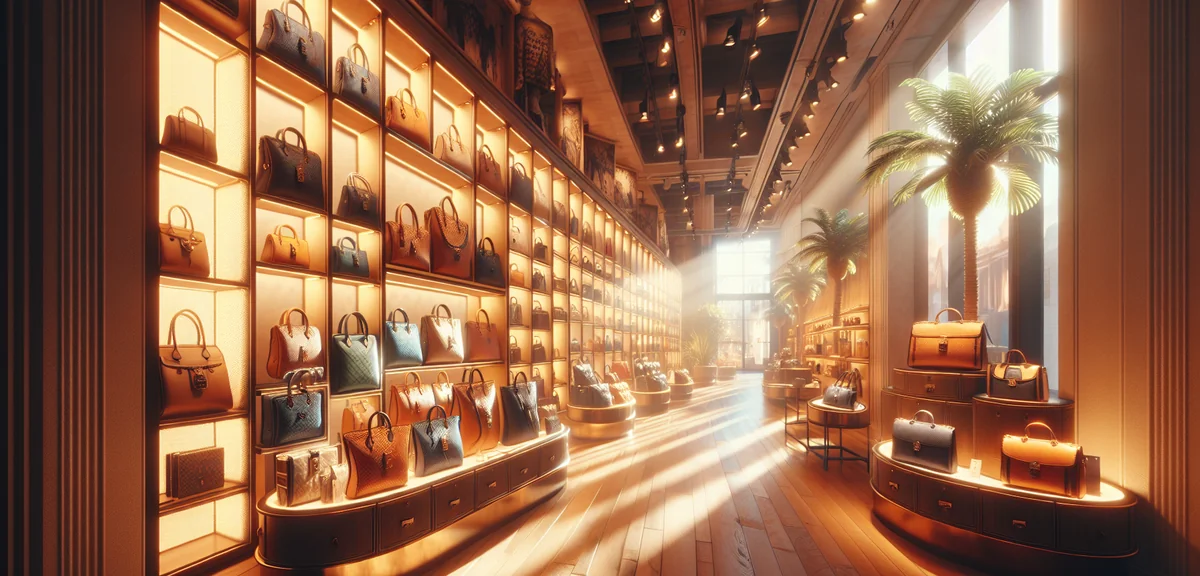 Outlet store interior showing designer bags on display shelves, professional retail photography, bri