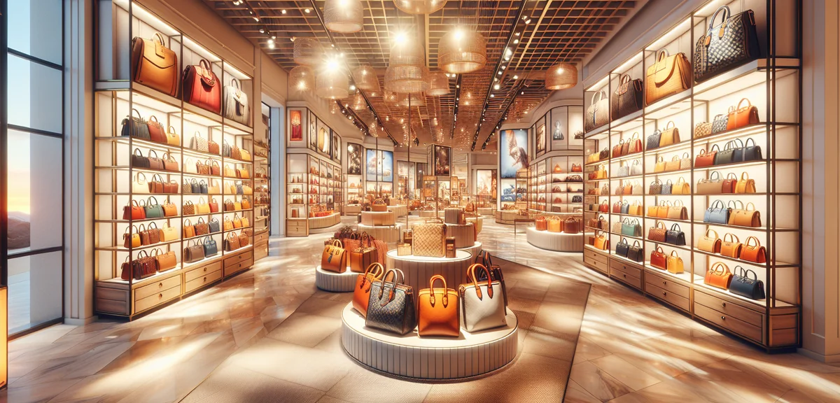 Outlet store interior showing designer bags on display shelves, professional retail photography, bri