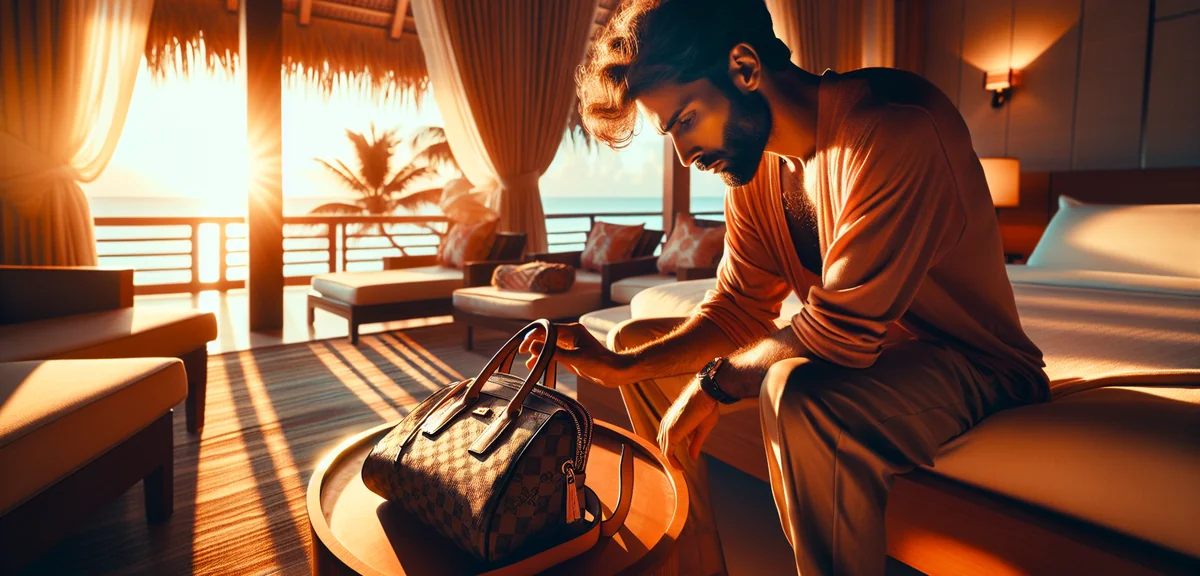 Person carefully examining designer bag authenticity at home, professional lifestyle photography, wa