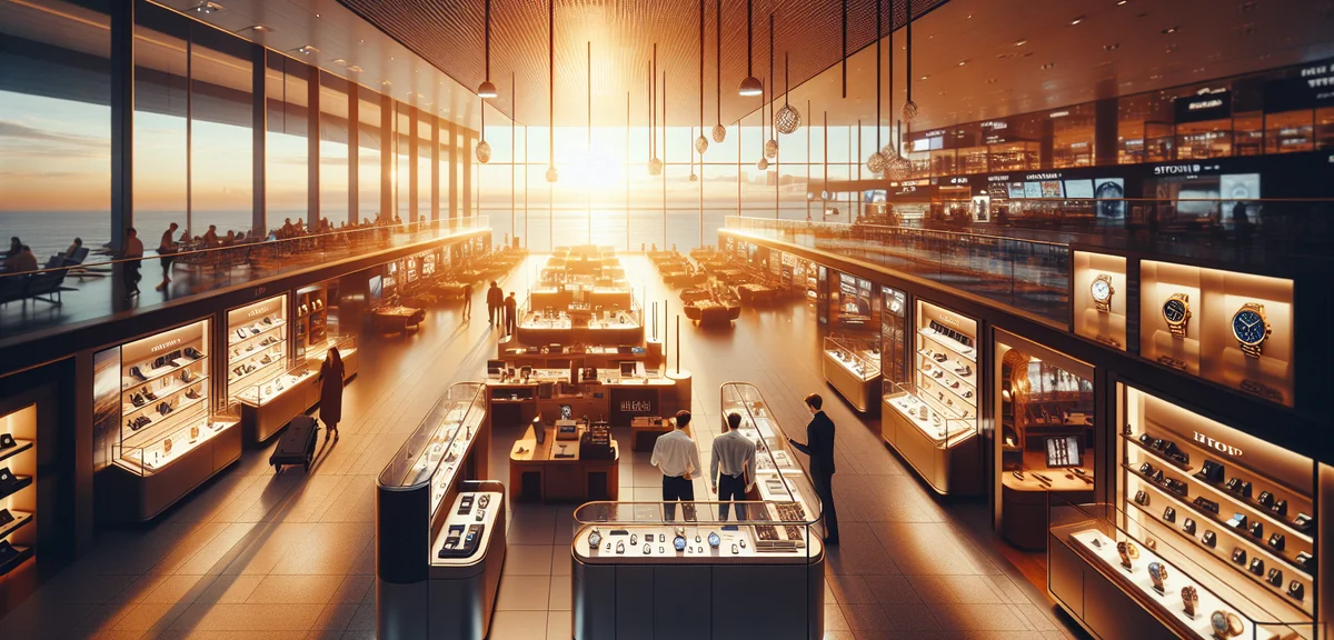 Luxury duty free watch shop at international airport, professional retail photography, bright commer