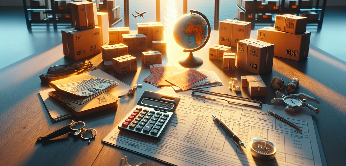Calculator and import duty documents on desk with international packages, professional overhead phot