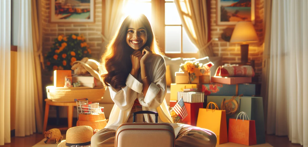Happy woman surrounded by international shopping packages at home, professional lifestyle photograph