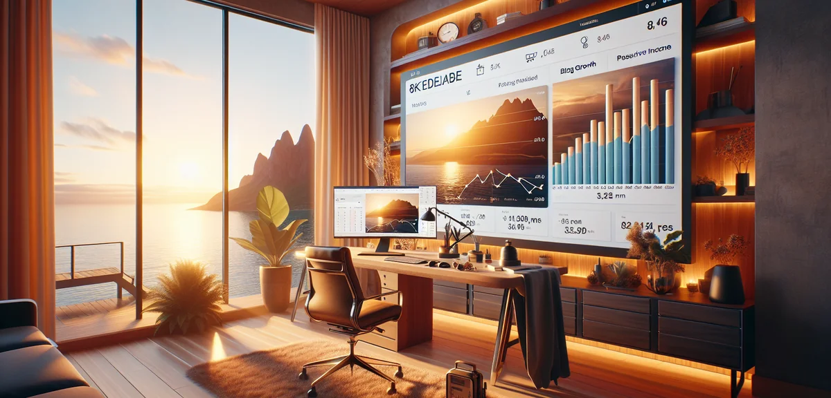 Blog analytics dashboard showing steady passive income growth, professional screen photography, mode