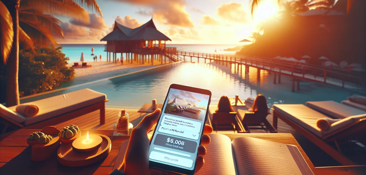 Notification of passive referral income on smartphone at tropical resort, professional lifestyle pho