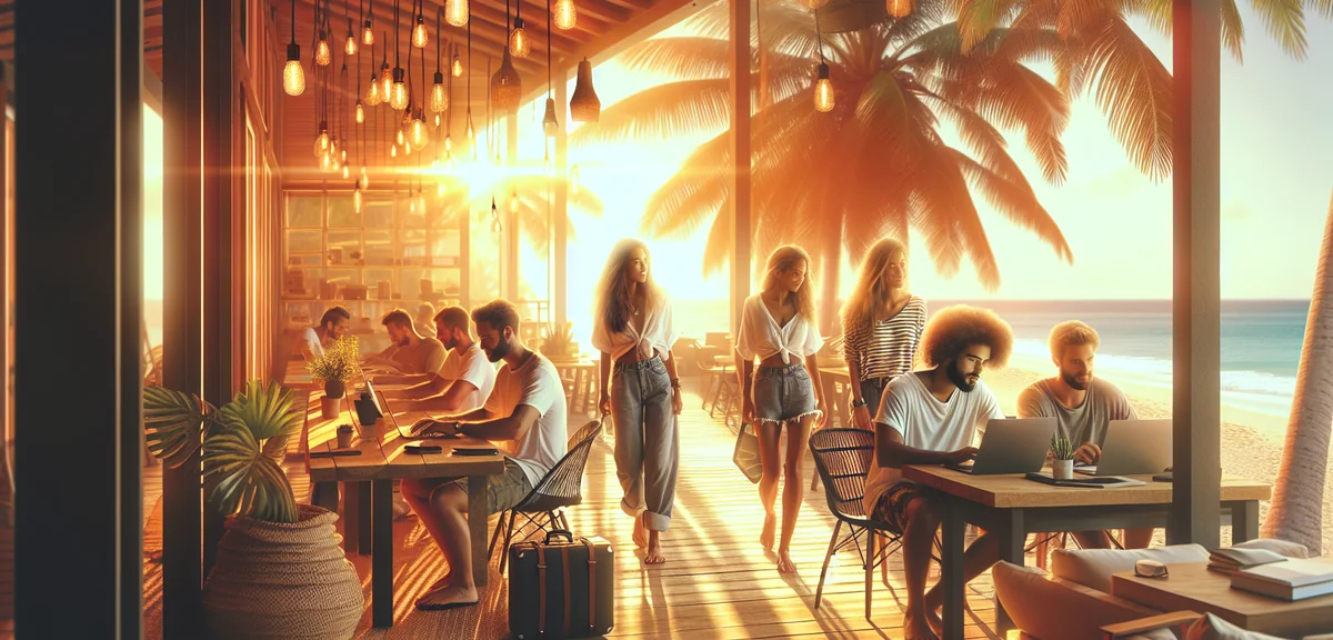 Digital nomad community working together at tropical coworking space, professional lifestyle photogr