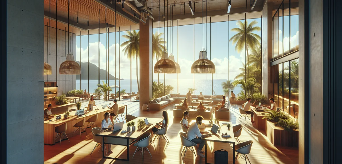 Digital nomad community working together at tropical coworking space, professional lifestyle photogr