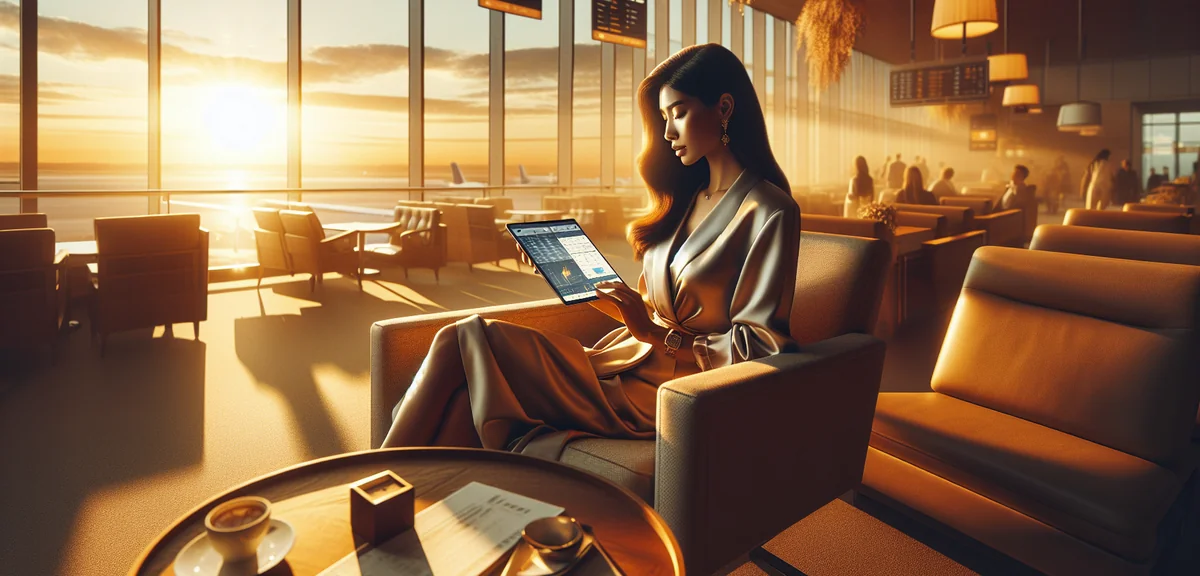 Entrepreneur checking business dashboard on tablet at airport first class lounge, professional lifes