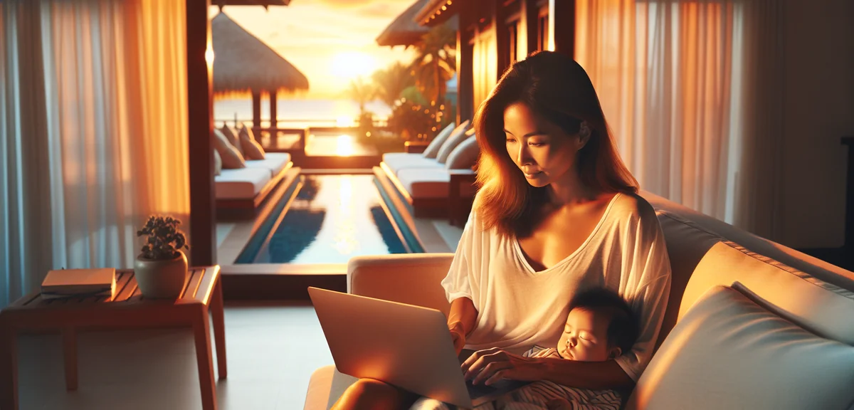 Mother managing online business on laptop while baby naps nearby, peaceful home setting, professiona
