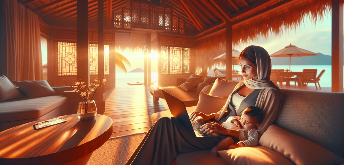 Mother managing online business on laptop while baby naps nearby, peaceful home setting, professiona