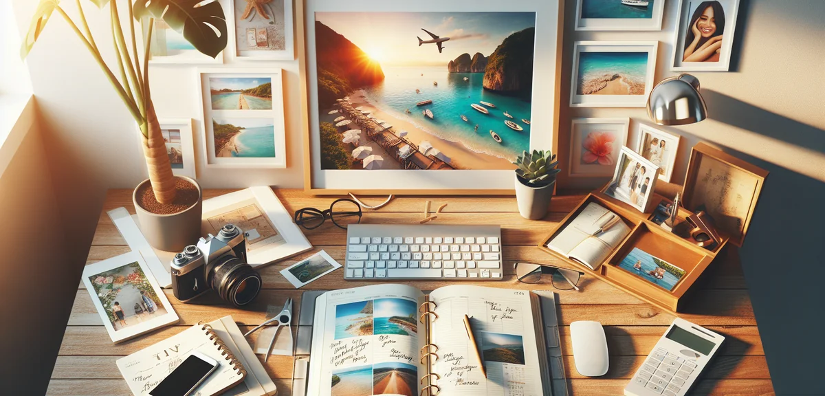 Organized home planner with travel blog schedule and family photos, professional overhead photograph